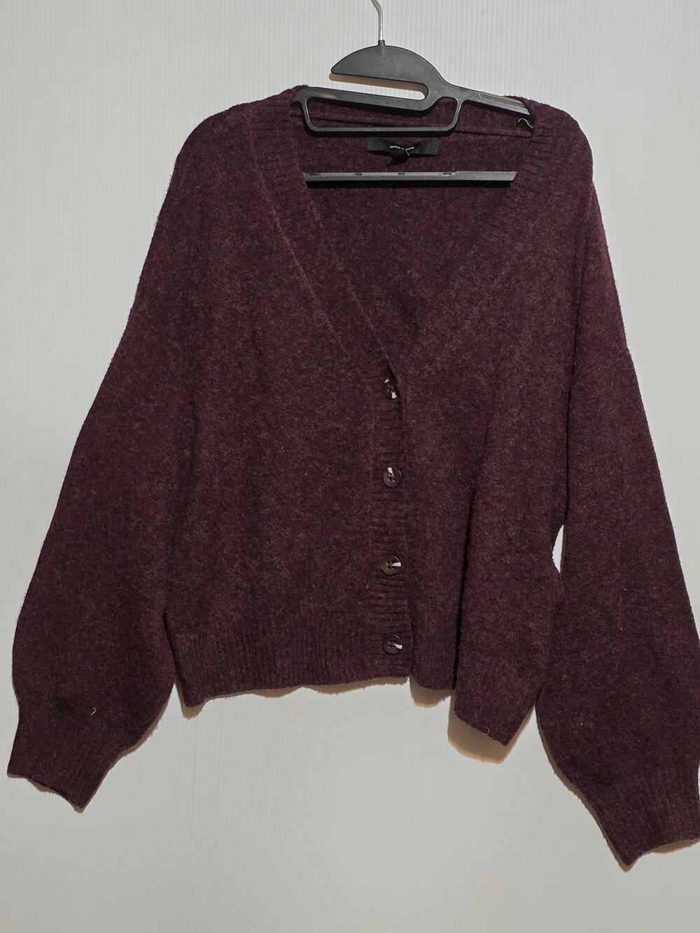 Vero Moda Cropped V-Neck Button Up Cardigan Sweater Women's L Dark Purple